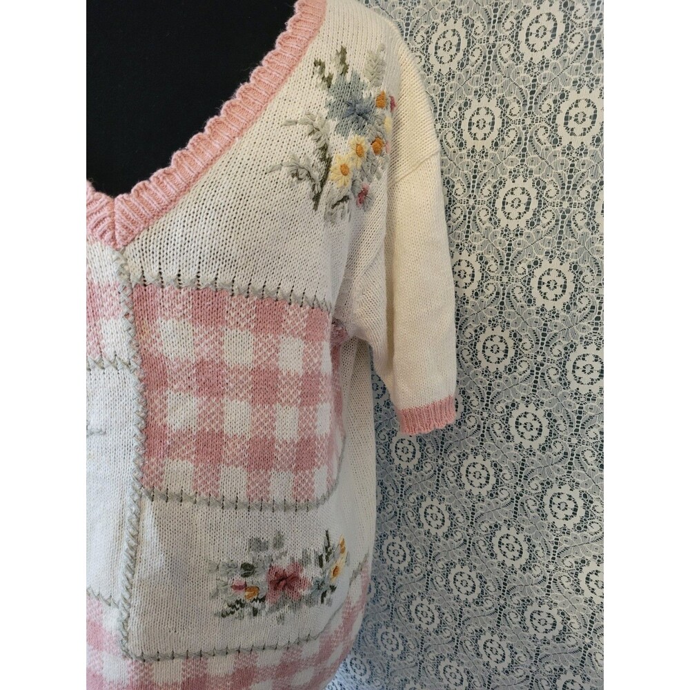 Vintage 90s Knit & Pearl Collectibles Patchwork Sweater Large Cotton Ramie Pink - Picture 3 of 16